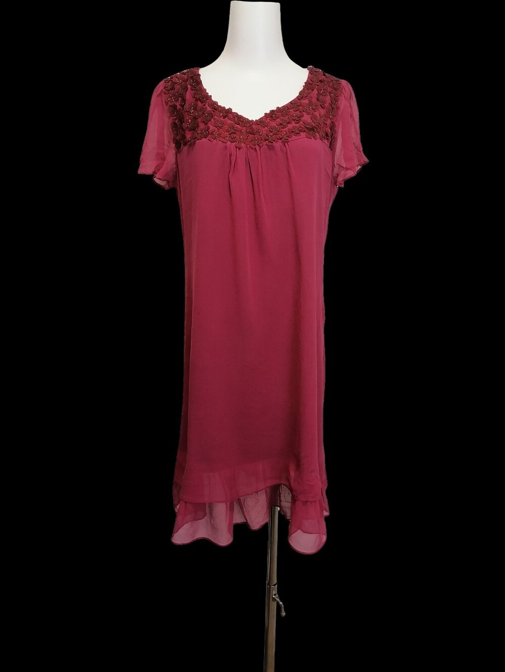 💅🏻 100% Silk, Embellished Scoop Neck Dress - Deep Berry